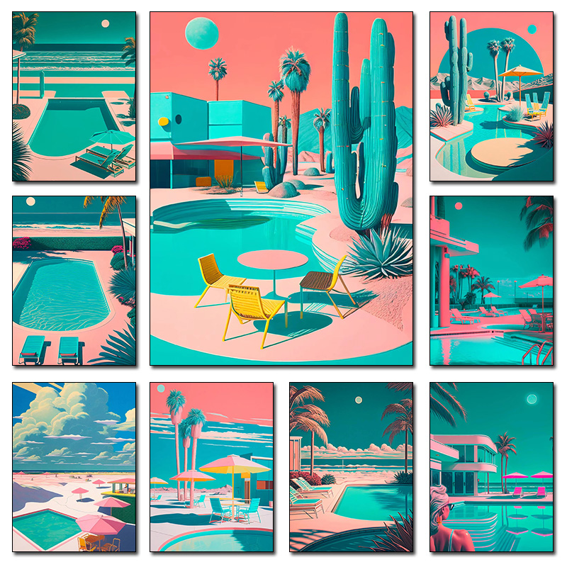 Interior Design Poster - Retro Fütüristik Sahil Palmiye Ağaçları Çöl