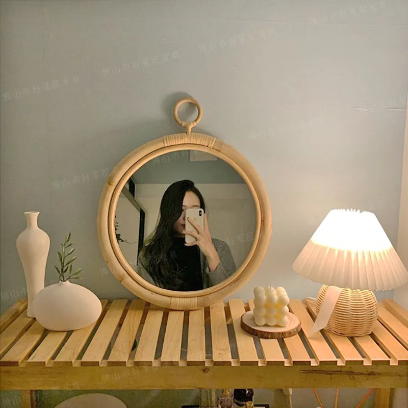 Rattan Mirror Round - Yuvarlak Retro Rattan Ayna Bambu Duvar